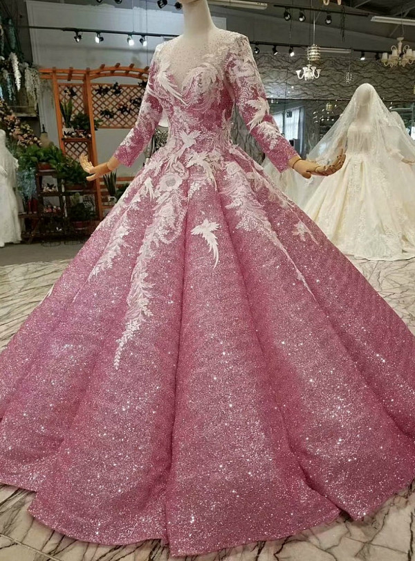 Pink Ball Gown Sequins Long Sleeve Floor Length Appliques Wedding Dress