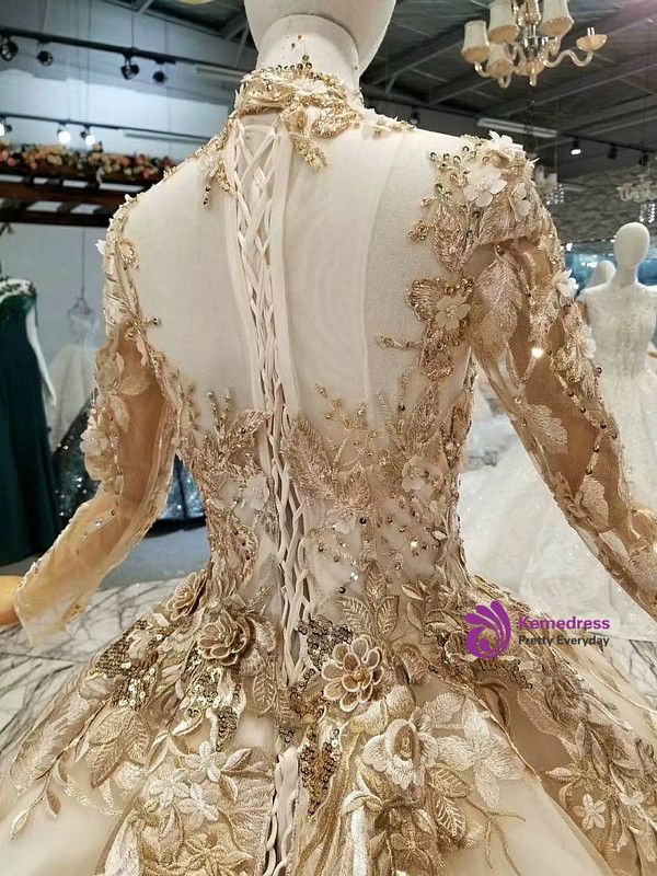 Champagne Ball Gown Tulle Long Sleeve Sequins Appliques Wedding Dress