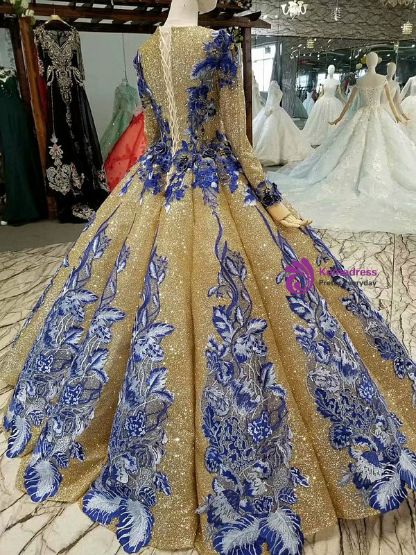 Gold Ball Gown Sequins Long Sleeve Blue Appliques Wedding Dress