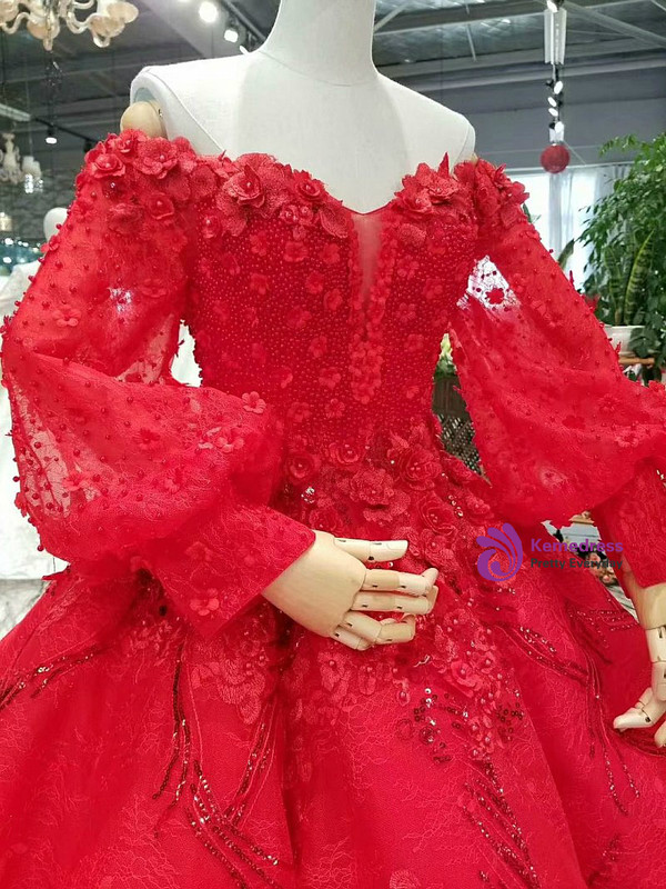 Red Ball Gown Lace Off The Shoulder Puff Sleeve Appliques Wedding Dress
