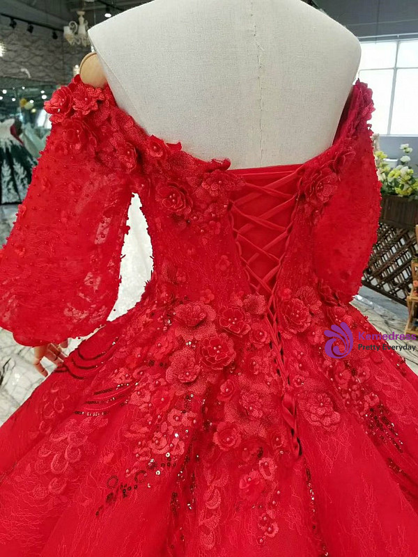 Red Ball Gown Lace Off The Shoulder Puff Sleeve Appliques Wedding Dress