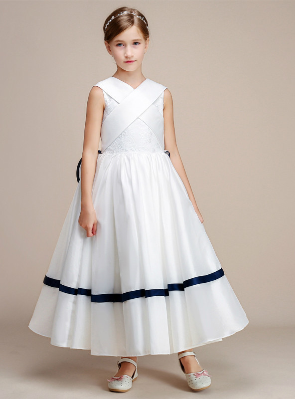 A-Line White Satin Lace Tea Length Flower Girl Dress