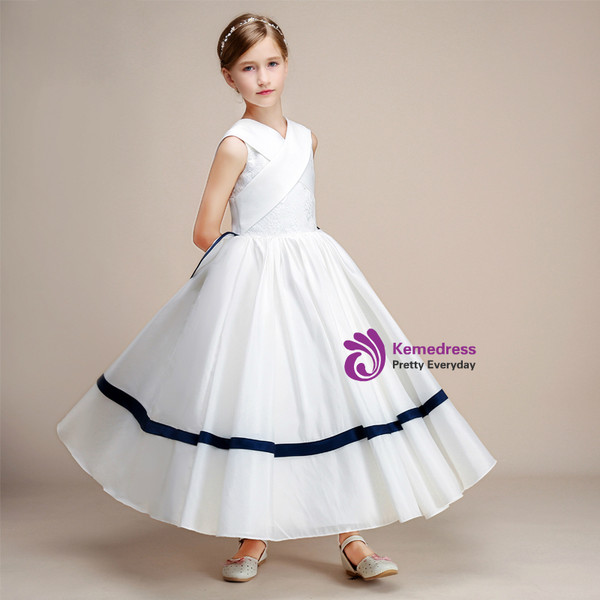 A-Line White Satin Lace Tea Length Flower Girl Dress