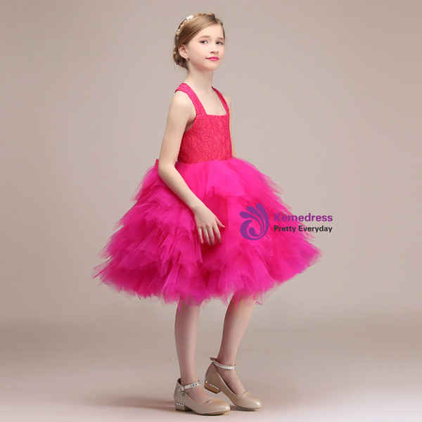 Rose Red Tulle Lace Straps Knee Length Flower Girl Dress With Bow