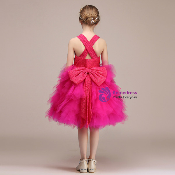 Rose Red Tulle Lace Straps Knee Length Flower Girl Dress With Bow