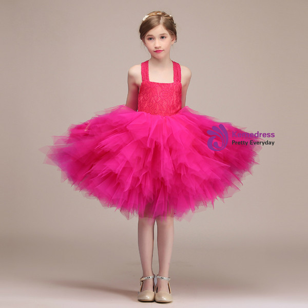 Rose Red Tulle Lace Straps Knee Length Flower Girl Dress With Bow