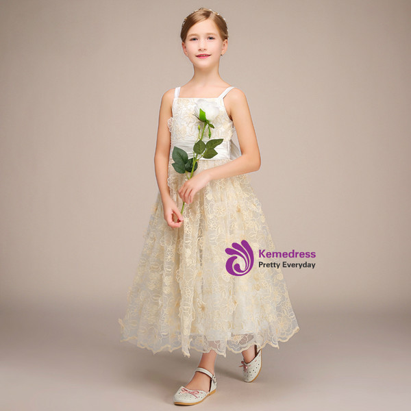 Champagne Lace Straps Tea Length With Bow Flower Girl Dress