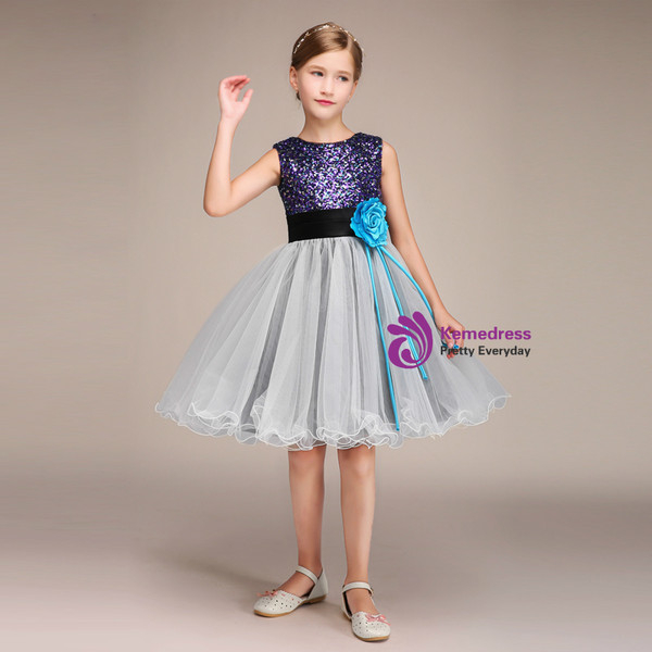 A-Line Colorful Sequins Gray Tulle Flower Girl Dress With Flower