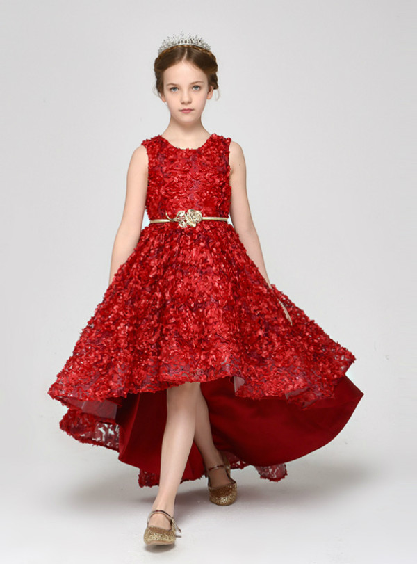 A-Line Red Hi Lo Lace Sleeveless With Sash Flower Girl Dress