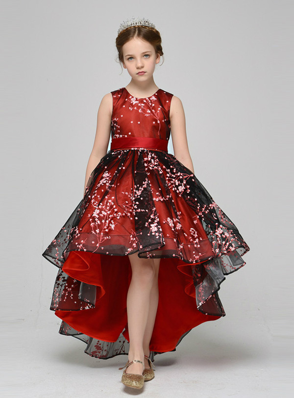 A-Line Red Black Tulle Appliques Sleeveless Flower Girl Dress