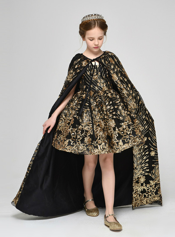 Black Two Piece Sequins Appliques Spaghetti Straps Short Flower Girl Dress