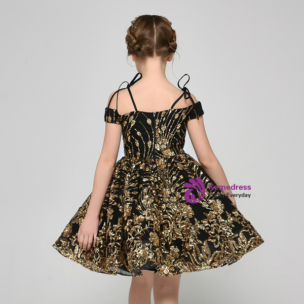 Black Two Piece Sequins Appliques Spaghetti Straps Short Flower Girl Dress