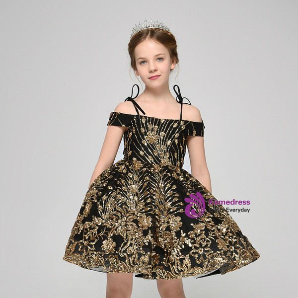 Black Two Piece Sequins Appliques Spaghetti Straps Short Flower Girl Dress