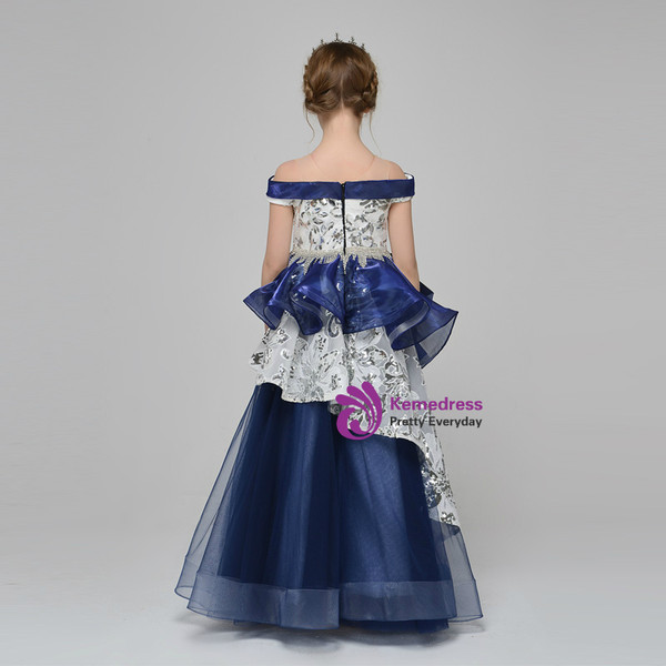 Blue Tulle Organza Sequins Off The Shoulder Floor Length Flower Girl Dress