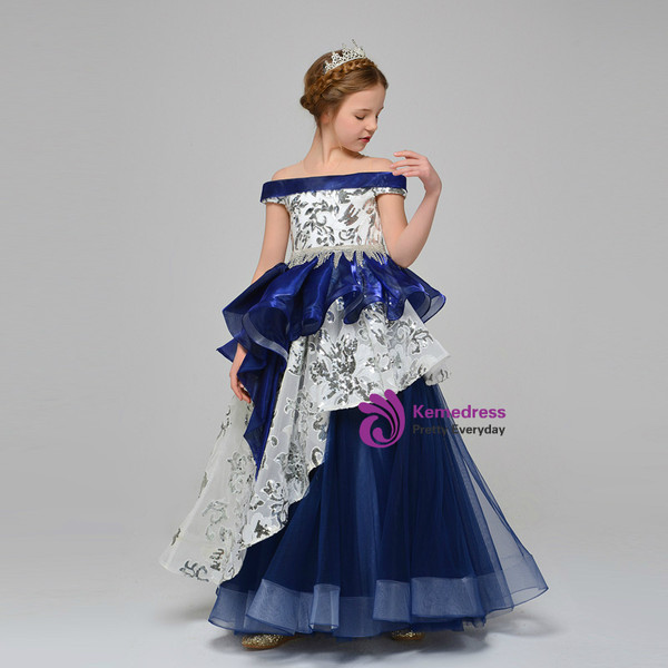 Blue Tulle Organza Sequins Off The Shoulder Floor Length Flower Girl Dress