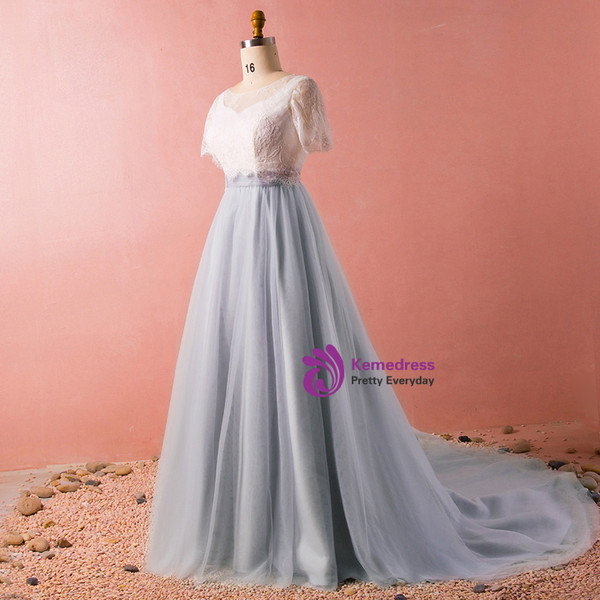 Plus Size Gray Tulle Lace Two Piece Short Sleeve Prom Dress