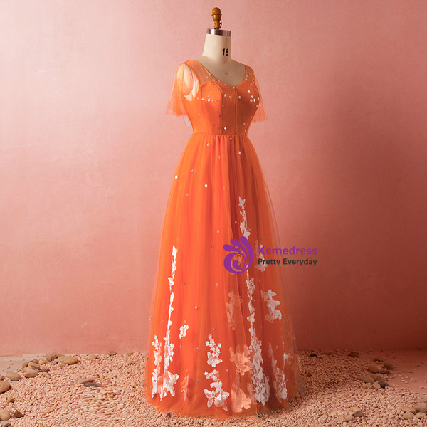 Plus Size Orange V-neck Tulle Short Sleeve Backless Prom Dress