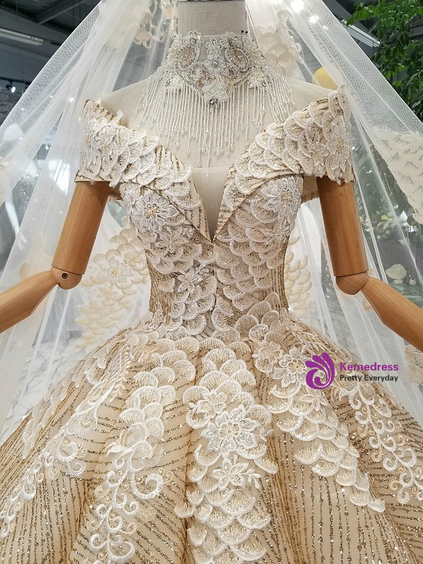 Gold Ball Gown Sequins Appliques Off The Shoulder Wedding Dress