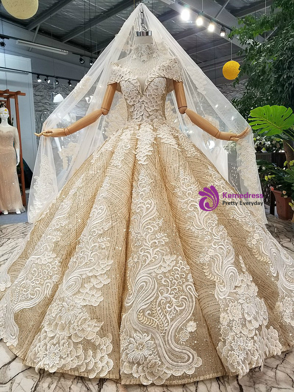 Gold Ball Gown Sequins Appliques Off The Shoulder Wedding Dress
