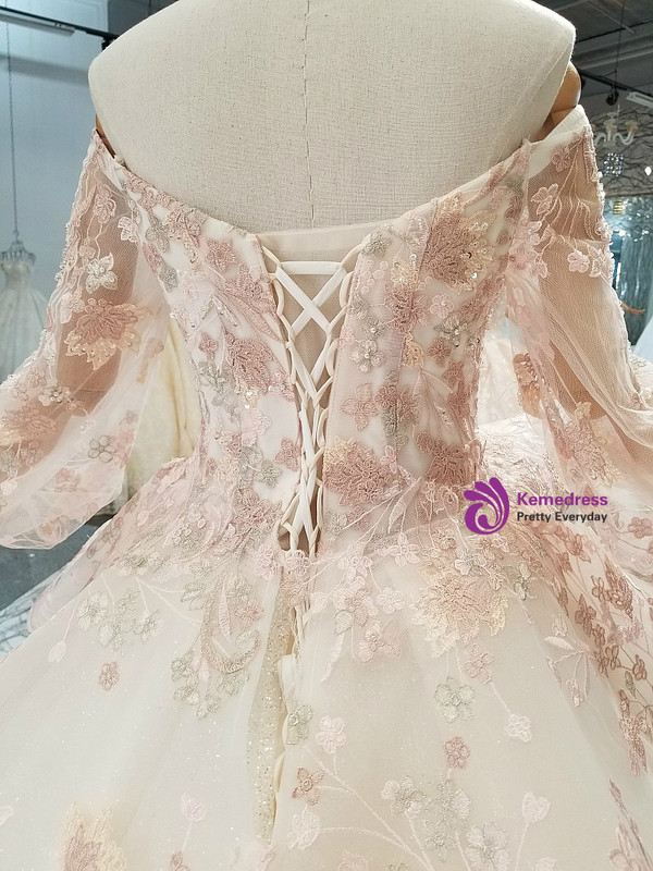 Champagne Tulle Sequins Appliques Puff Sleeve Off The Shoulder Wedding Dress