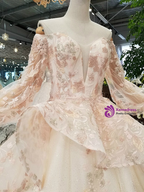 Champagne Tulle Sequins Appliques Puff Sleeve Off The Shoulder Wedding Dress