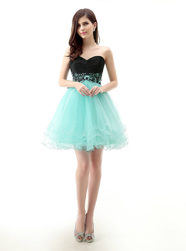 Blue Tulle Black Satin Sweetheart Neck Short Mini Homecoming Dress