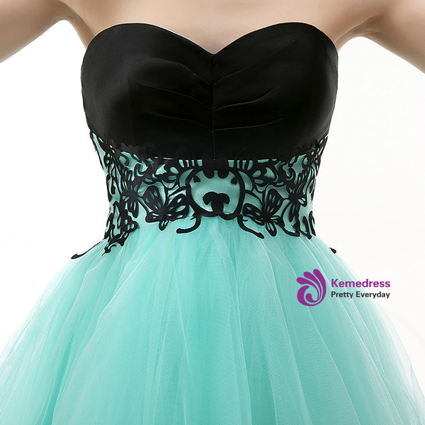 Blue Tulle Black Satin Sweetheart Neck Short Mini Homecoming Dress