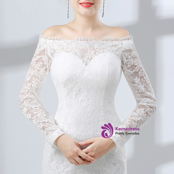 Sheath White Lace Off The Shoulder Long Sleeve Prom Dress