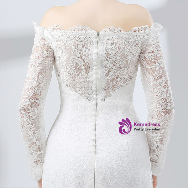 Sheath White Lace Off The Shoulder Long Sleeve Prom Dress