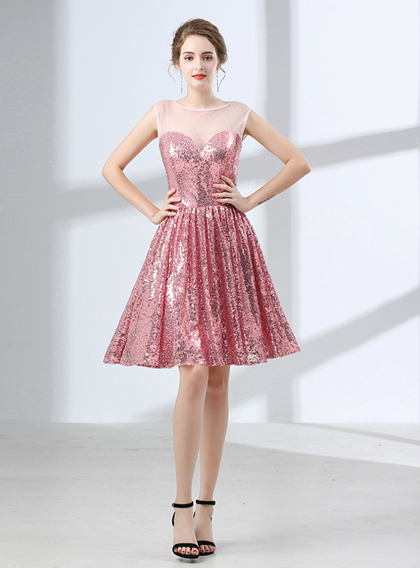A-Line Pink Sequins Knee Length Sleeveless Homecoming Dress