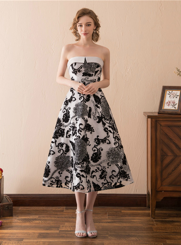 A-Line Satin Print Strapless Tea Length Homecoming Dress
