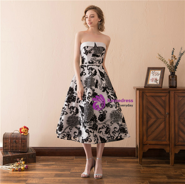 A-Line Satin Print Strapless Tea Length Homecoming Dress