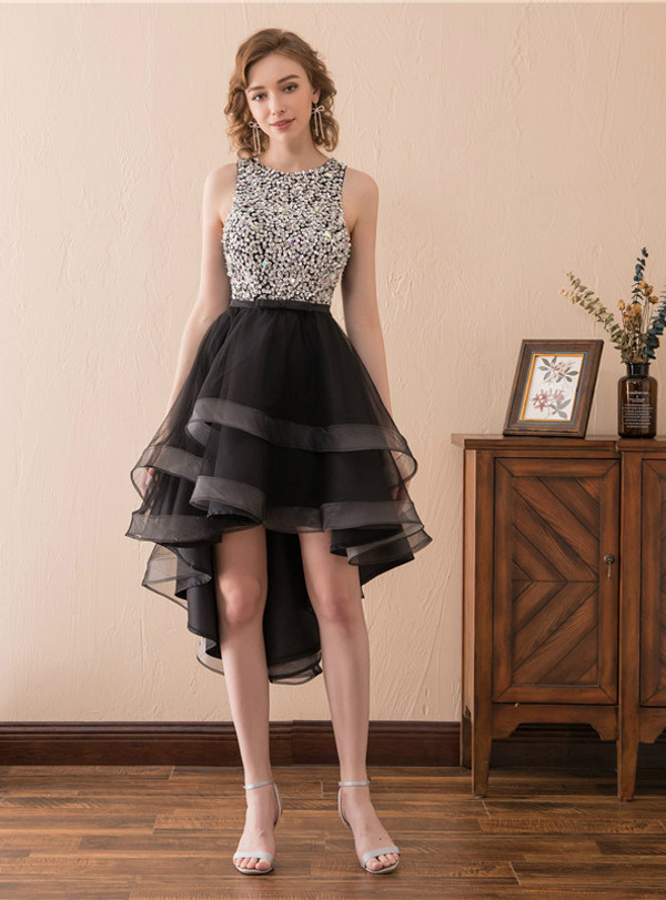 Black Tulle Hi Lo Backless Little Black Homecoming Dress With Beading