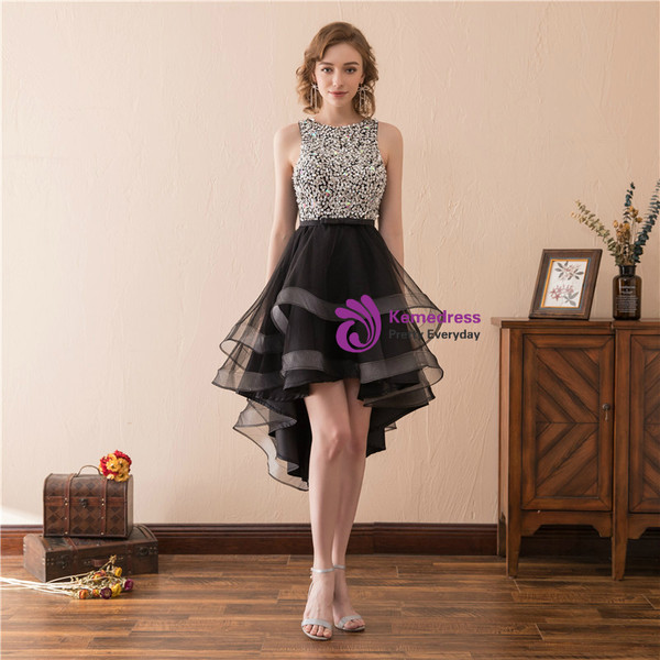 Black Tulle Hi Lo Backless Little Black Homecoming Dress With Beading