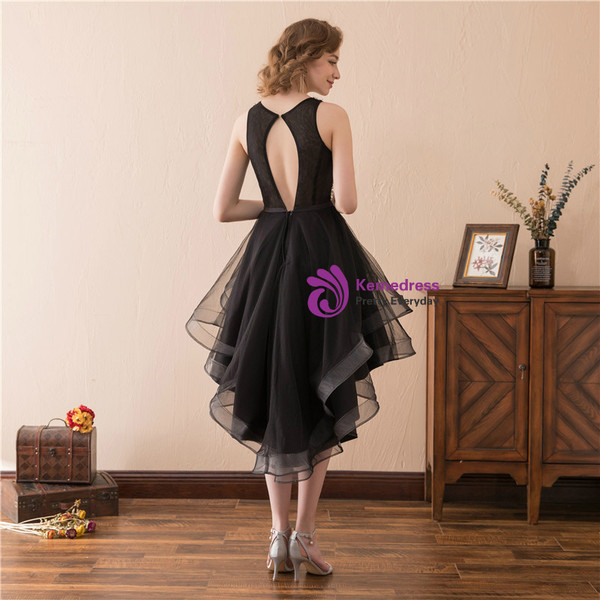 Black Tulle Hi Lo Backless Little Black Homecoming Dress With Beading