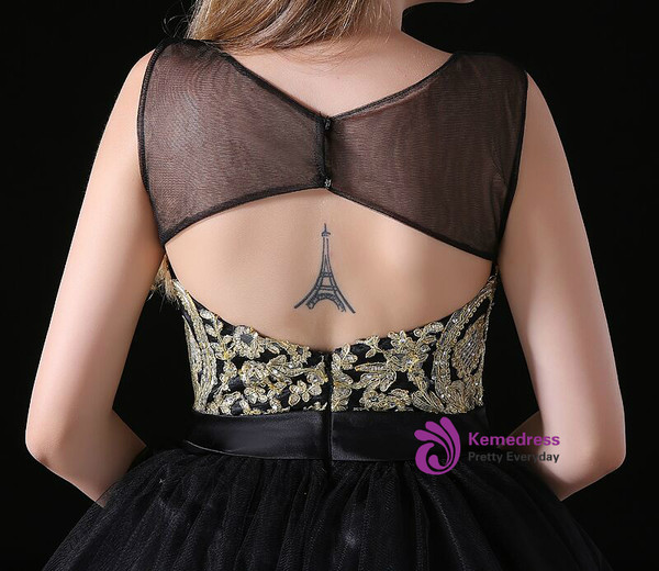 Black Tulle Gold Appliques Backless Short Little Black Homecoming Dress