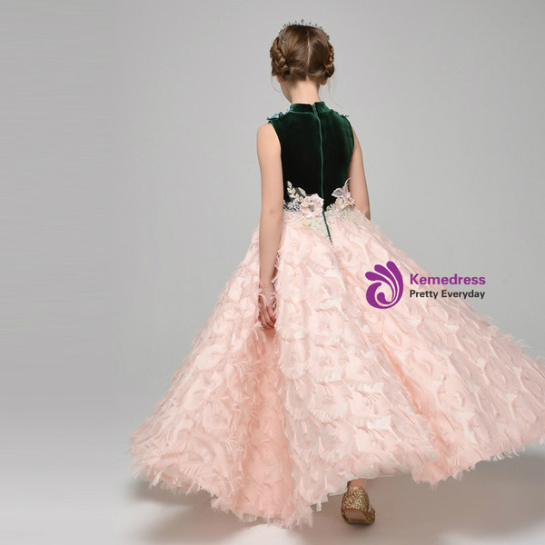A-Line Pink Appliques High Neck Ankle Length Flower Girl Dress