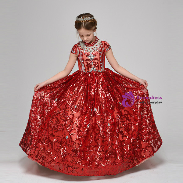 Red Ball Gown High Neck Cap Sleeve Sequins Flower Girl Dress