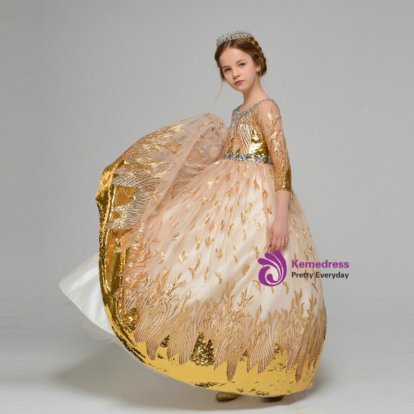 Gold Tulle Sequins Long Sleeve Backless Flower Girl Dress