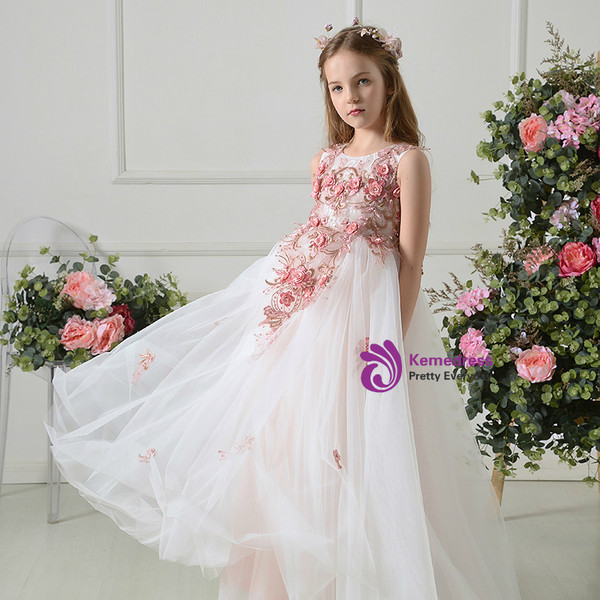 A-Line Princess White Tulle Pink Appliques Flower Girl Dress
