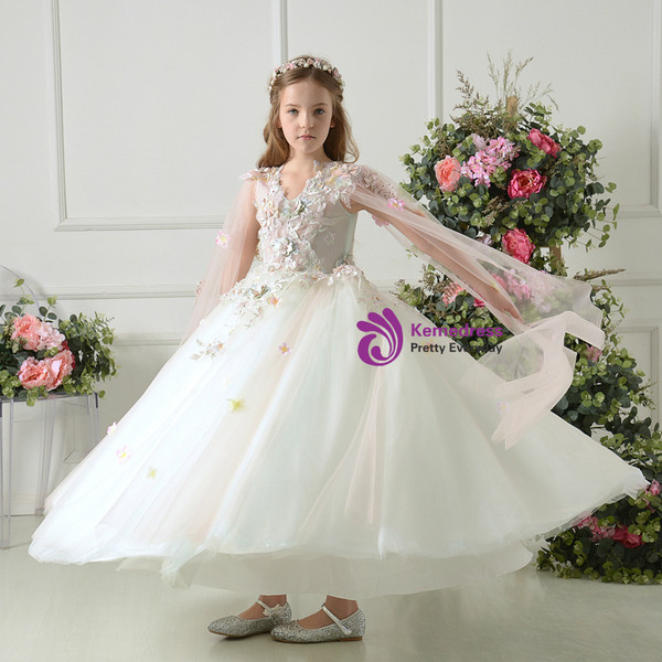 A-Line V-neck White Tulle Appliques Flower Girl Dress