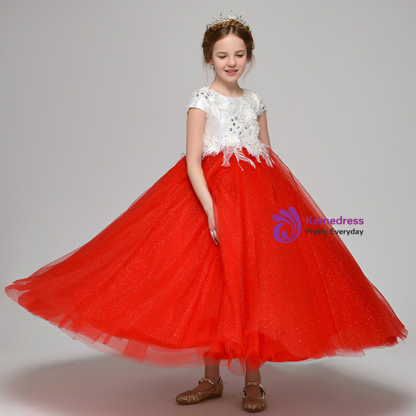 A-Line Red Tulle White Lace Appliques Ankle Length Flower Girl Dress