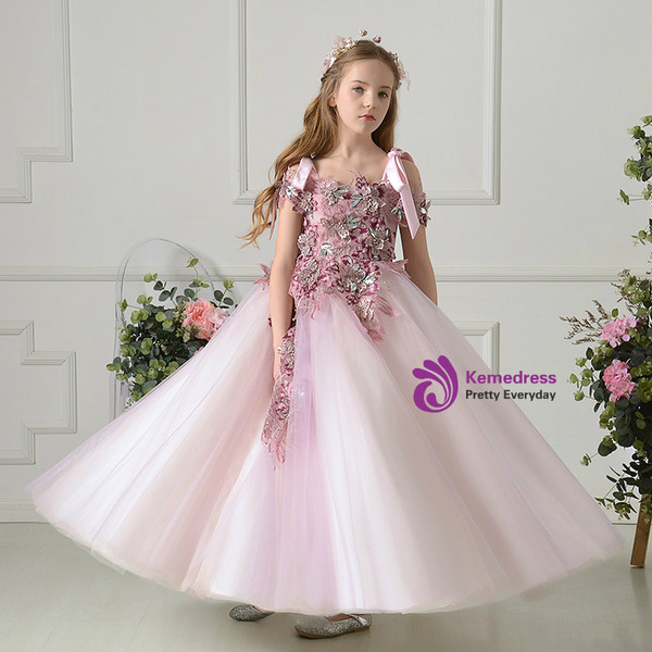 Pink Straps Tulle Sleeveless Hand Appliques Flower Girl Dress