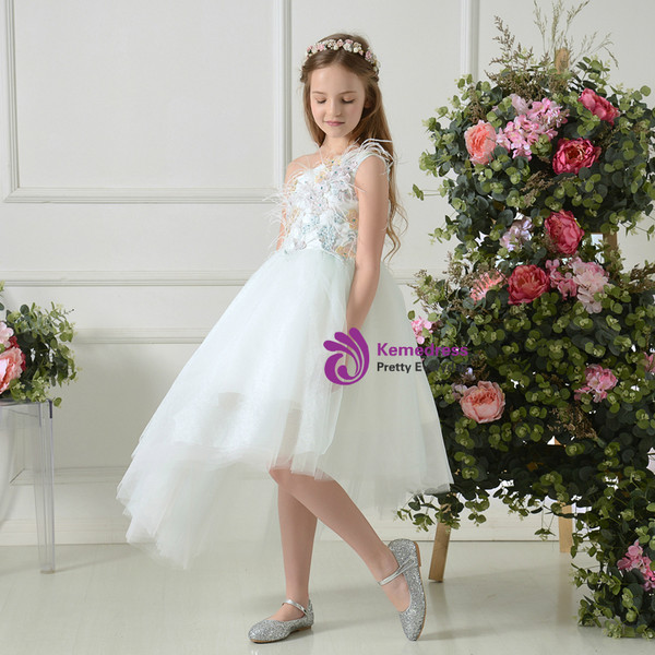 White Tulle One Shoulder Appliques Feather Flower Girl Dress