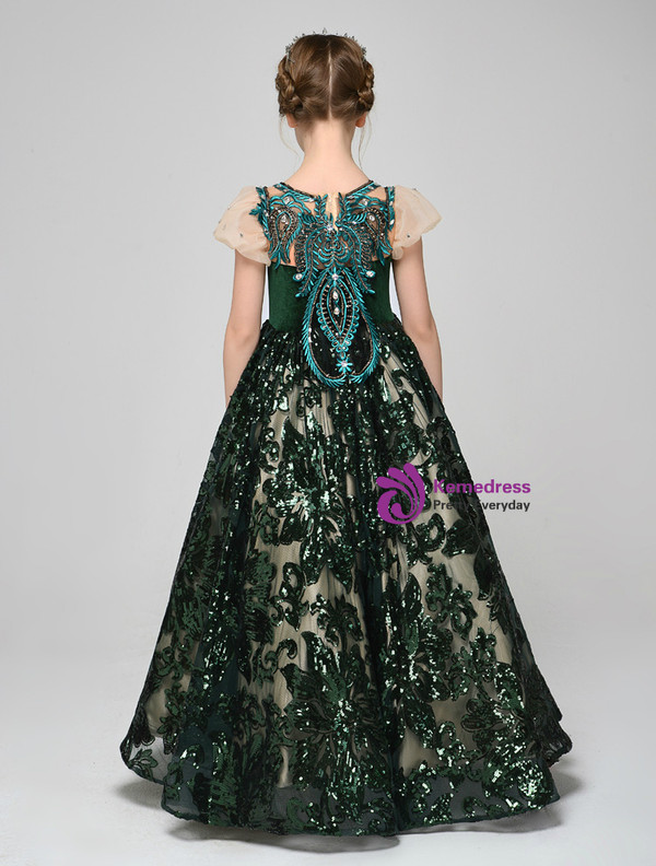Ball Gown Dark Green Sequins Cap Sleeve Flowerr Girl Dress