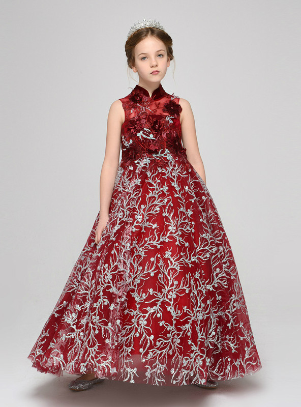 Red High Neck Tulle Sequins Appliques Flower Girl Dress