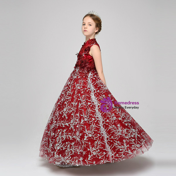 Red High Neck Tulle Sequins Appliques Flower Girl Dress