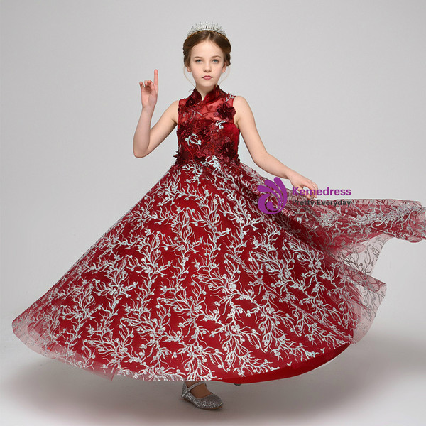 Red High Neck Tulle Sequins Appliques Flower Girl Dress
