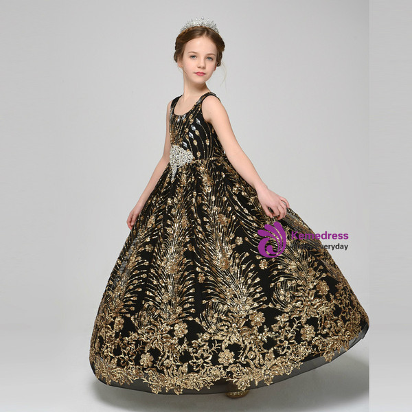 Black Tulle Sequins Scoop Sleeveless Flower Girl Dress