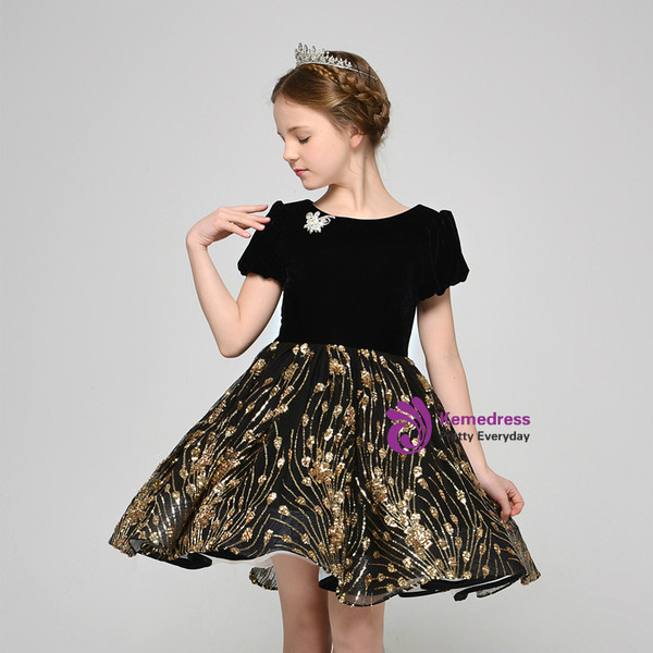 Black Sequins Velvet Short Sleeve Short Flower Girl Dress